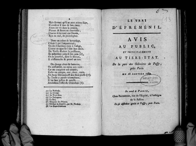 Le vrai d'Epreménil. Avis au public et principalement au tiers-état de la part des solitaires de Passy, près Paris, du 18 janvier 1789