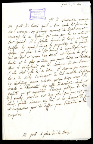 Lettres autographes acquises en complément de la collection de François Grille. Signataires de : Lamartine à Villemain.