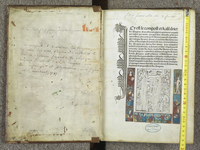 Cy est le Compost et kalendrier des bergiers nouvellement refait autrement composé que n'estoit par avant. Ouquel sont adjoustez plusieurs nouvelletez... Et enseigne les hours, heures et minutes des lunes nouvelles, et des eclipses de souleil et de lune... Larbre des vices. Larbre des vertus et la Tour de sapience figuree... nothomye et flebothomye, leur astrologie des signes estoilles et planettes, et phiosionomye. Et plusieurs choses exquises et difficiles a cognoistre. Lequel compost et kalendrier touchant les lunes et eclipses est approprié comme doit estre pour le climatz de France au jugement et congnoissance des bergiers.