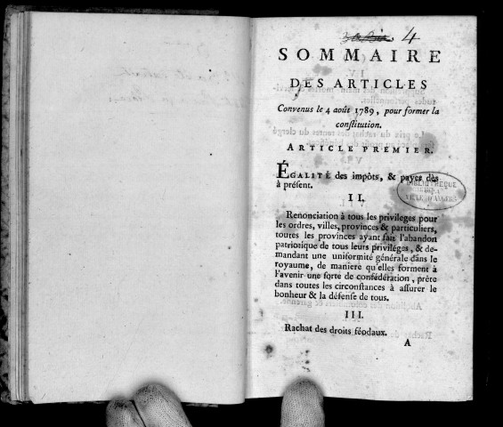 Sommaire des articles convenus le 4 août 1789, pour former la Constitution