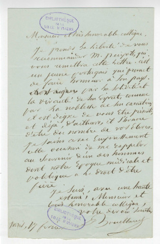 Correspondance de Bouillaud, Docteur [au Dr Lallemand]