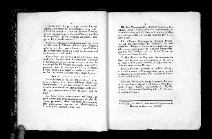 Arrêté du directoire du département de Mayenne-et-Loire. Séance du 5 novembre 1791