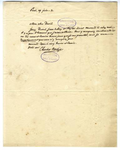 Correspondance de Charles Nodier avec Pierre-Jean David d'Angers