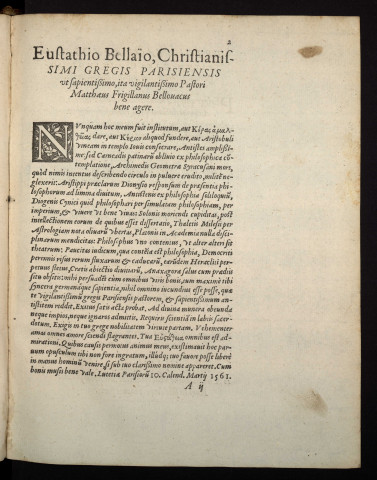 Matthaei Frigillani Bellovaci in Alcinoum de doctrina Platonis scholia. Ad D. Eustathium Bellaïum, Christianissimi gregis Parisiensis Pastorum vigilantissimum.