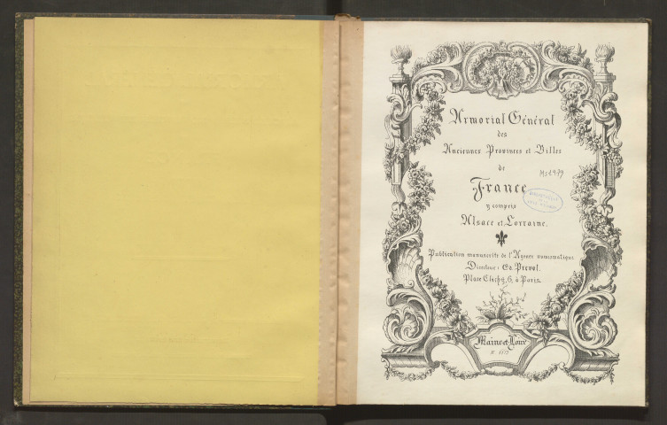 Album de 17 planches montées sur onglets contenant les armoiries d'Anjou, d'Angers, Beaupreau, Beaufort, Cholet, Le Lion d'Angers, Montreuil-Bellay, Montsoreau, Saint-Florent le Vieil, Saumur, Savennières et Segré. D'après d'Hozier, Malte-Brun, G. de Saint-Fargeau, H. Simon