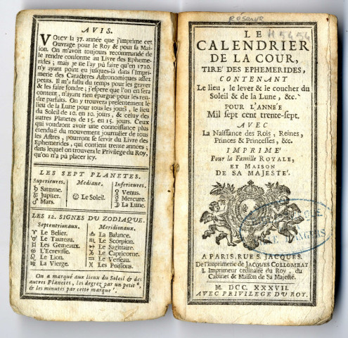 Le Calendrier de la cour, 1724 et 1737