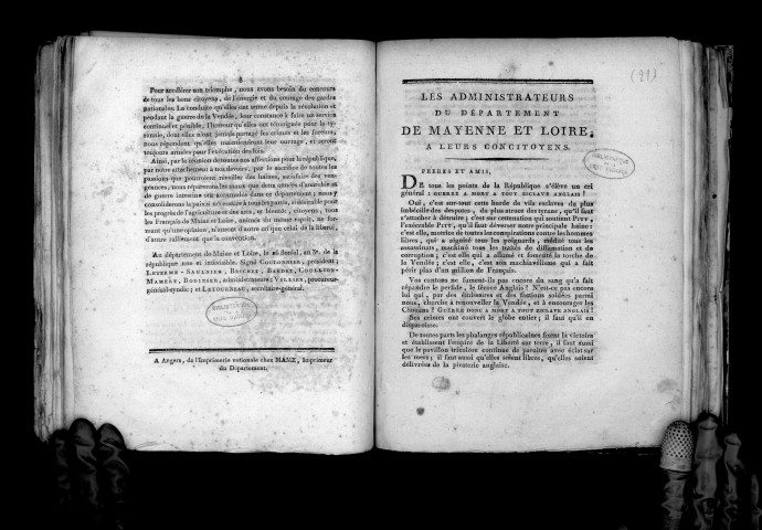 Les administrateurs du département de Mayenne-et-Loire à leurs concitoyens (28 thermidor an II), Signé : Bodinier, Reyneau, Leterme-Saulnier, Chauvin, Tixier, Dorgigné, Maslin, Trubert et Letourneau