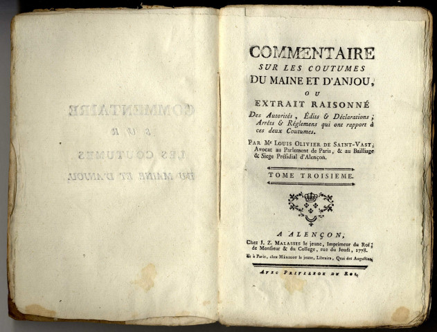 Commentaire sur les coutumes du Maine et d'Anjou, ou Extrait raisonné des autorités, édits