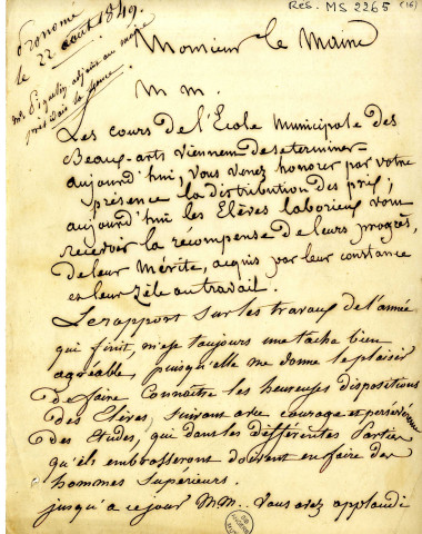 Discours de Jean-Michel Mercier, de Versailles, peintre d'histoire, aux distributions des prix de l'Ecole de dessin d'Angers dont il était directeur