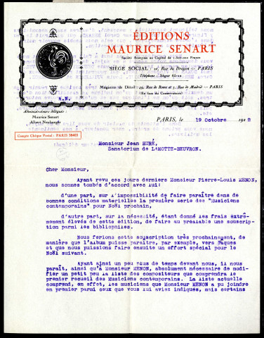 Lettre de Maurice Sénart (Editions Maurice Sénart) à Jean Huré