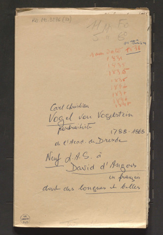Correspondance passive de Pierre-Jean David d'Angers provenant de la collection d'André Bruel. Dossier 10, Lettres autographes de Carl Christian Vogel von Vogelstein à David d'Angers