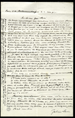 Lettre de Julius Levin à Jean Huré