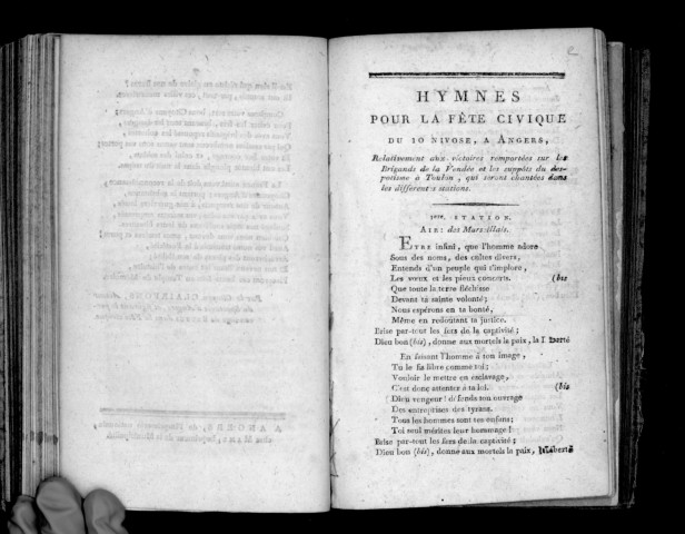 Hymnes pour la fête civique du 10 nivose, à Angers, relativement aux victoires remportées sur les brigands de la Vendée et les suppôts du despotisme à Toulon, qui seront chantées dans les différentes stations