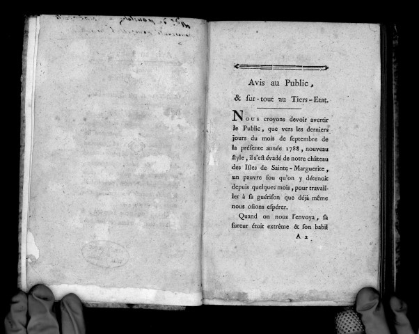 Avis au public, et principalement au tiers-état, de la part du commandant du chateau des Isles de Sainte-Marguerite..., du 10 novembre 1788, (par Servan)