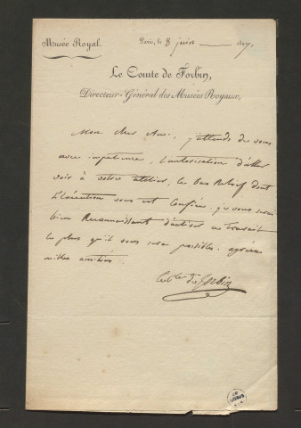Correspondance passive de Pierre-Jean David d'Angers provenant de la collection d'André Bruel. Dossier 3, Lettres autographes du Comte Louis Nicolas Auguste de Forbin à David d'Angers