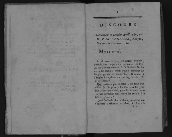 Discours prononcé le 1er avril 1789 par M. de Vaupradelles, à Bailleul, à l'ouverture de l'assemblée du tiers-état. Suivi de la délibération du tiers-état