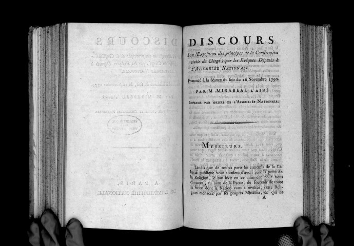 Discours sur l'exposition des principes de la Constitution civile du clergé, par les évêques députés à l'Assemblée nationale, prononcé par M. Mirabeau l'aîné, 26 novembre 1790