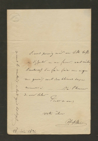 Correspondance passive de Pierre-Jean David d'Angers provenant de la collection d'André Bruel, et notes et pièces diverses. Dossier 2, Lettres autographes d'Auguste-Louis-Marie Ottin