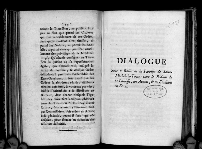 Dialogue sous le ballet de la paroisse de Saint-Michel-du-Tertre, entre le bedeau de la paroisse, un avocat et un étudiant en droit