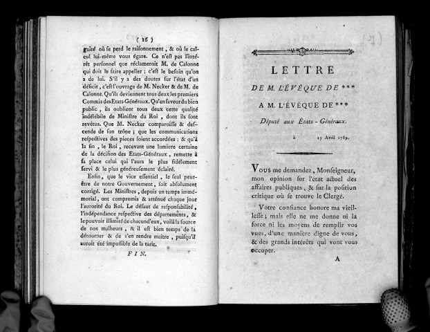 Lettre de M. l'évêque de *** à M. l'évêque de *** député aux Etats-généraux. 15 avril 1789