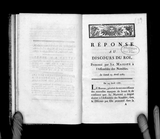 Réponse au discours du roi, prononcé par Sa Majesté à l'assemblée des notables, le lundi 23 avril 1787. Lettre à M. de Neker... Eclaircissemens sur les objets, proposés à l'assemblée des notables...