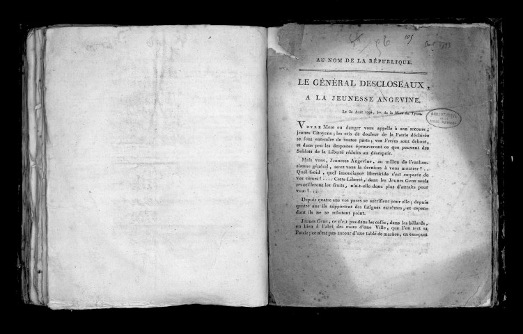 Le général Descloseaux à la jeunesse angevine, le 10 août 1793