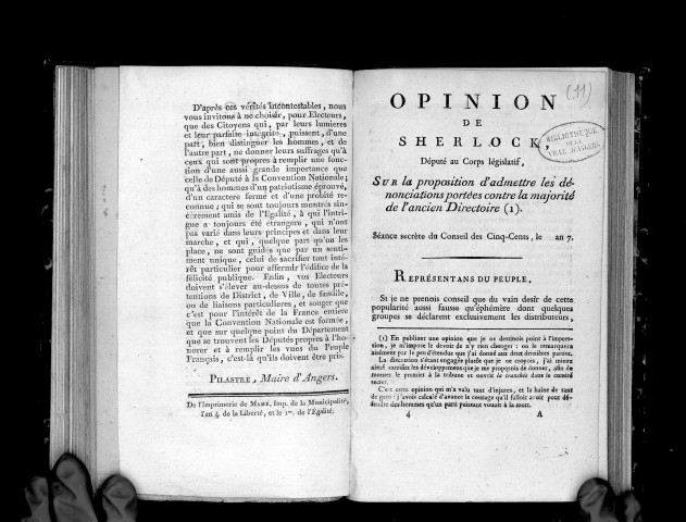 Opinion de Sherlock, député au Corps-Législatif, sur la proposition d'admettre les dénonciations portées contre la majorité de l'ancien Directoire. Séance secrète du Conseil des Cinq-Cents. An VII