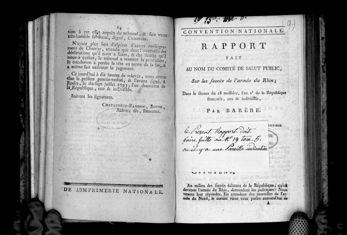Rapport fait à la Convention par Barère, sur les succès de l'armée du Rhin, 28 messidor an II