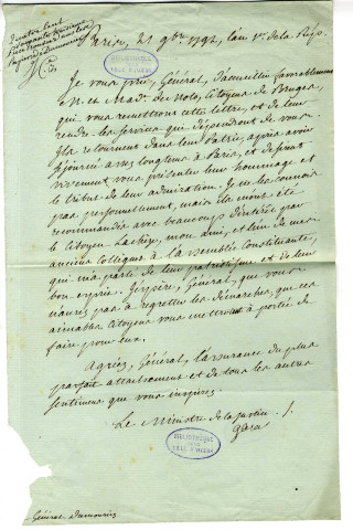 Correspondance du ministre Garat [au général Dumouriez]