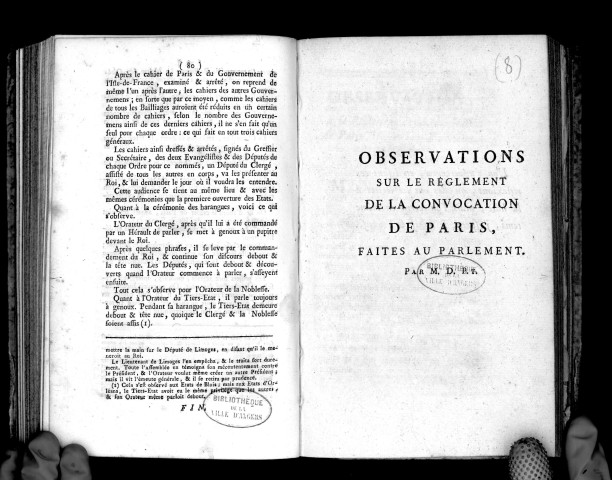 Observations sur le réglement de la convocation de Paris, faites au Parlement, par M. D. P. t.