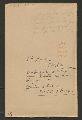 Correspondance passive de Pierre-Jean David d'Angers provenant de la collection d'André Bruel. Dossier 3, Lettres autographes du Comte Louis Nicolas Auguste de Forbin à David d'Angers
