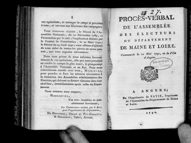 Procès-verbal de l'assemblée des électeurs du département de Maine-et-Loire, commencée le 10 mai 1790 en la ville d'Angers