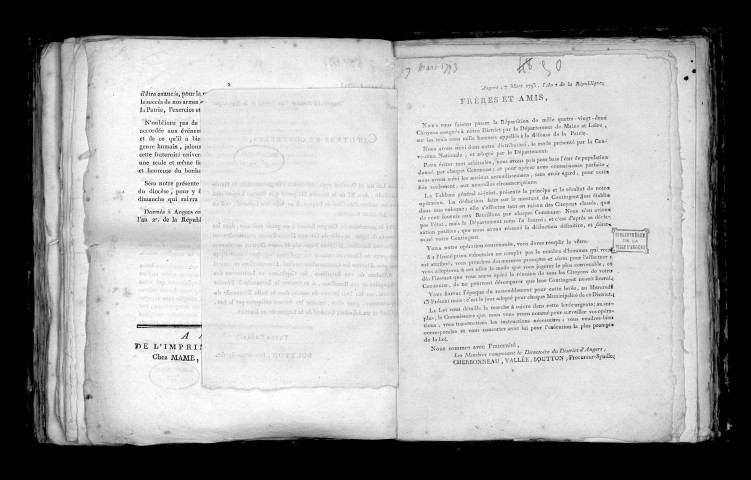 Levée de trois cent mille hommes. Circulaire des membres composant le directoire du district d'Angers, en date du 7 mars 1793