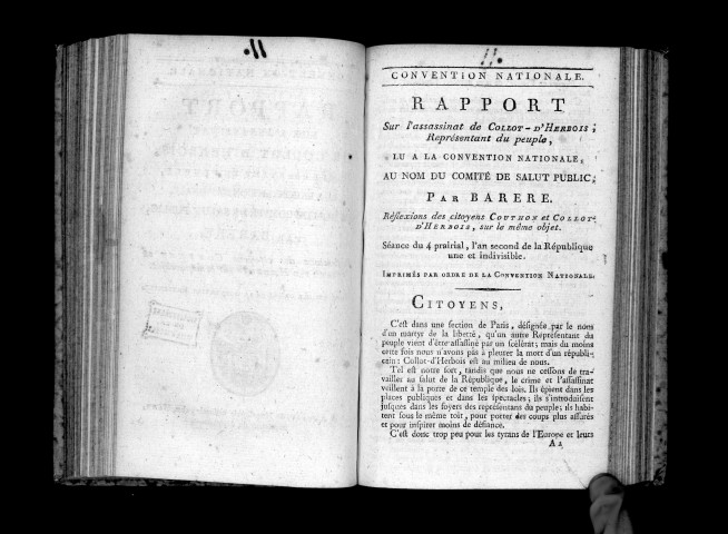 Rapport sur l'assassinat de Collot d'Herbois, lu à la Convention nationale par Barrère, 4 prairial an II
