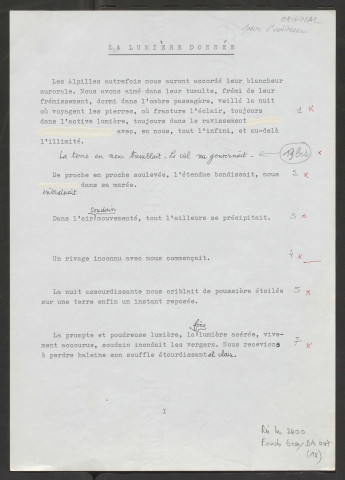 La lumière donnée [brouillons]