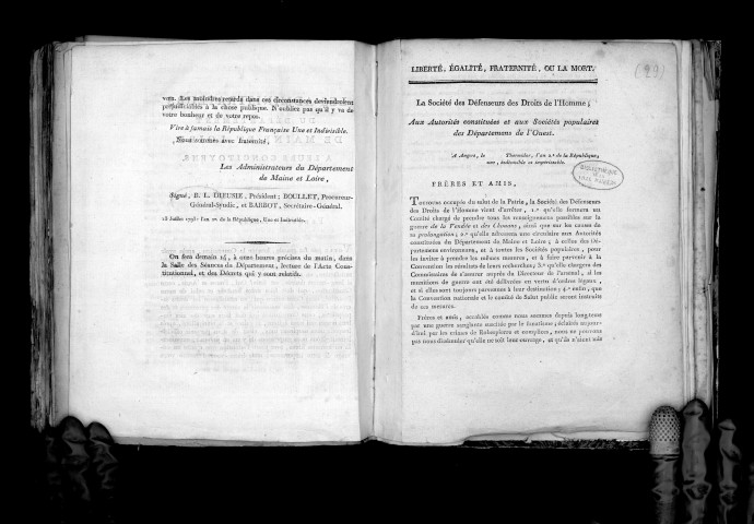 Les administrateurs du département de Maine-et-Loire à leurs concitoyens (13 juillet 1793), Signé : Dieusie, Boullet et Barbot