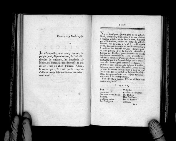 Pièces intéresantes, tant imprimées que manuscrites, d'un breton roturier de Rennes, envoyées à son ami, député du tiers, présent à Paris, le 3 février 1789