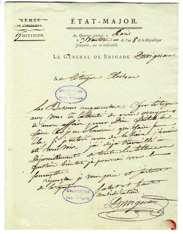 Correspondance du général Duvigneau [à Cloiseau]