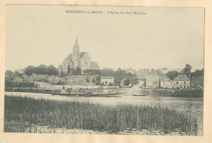 Montreuil-sur-Maine. L'église vue de la Mayenne
