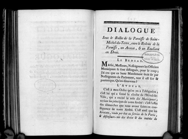 Dialogue sous le ballet de la paroisse de Saint-Michel-du-Tertre, entre le bedeau de la paroisse, un avocat et un étudiant en droit