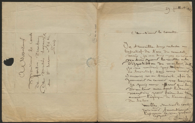 Lettre adressée au comte de Forbin, directeur des musées royaux par Pierre-Jean David d'Angers