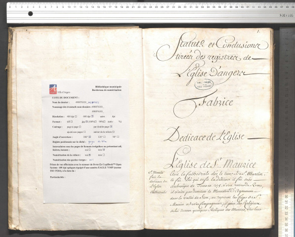 Extraits des registres capitulaires de l'église d'Angers, avec table alphabétique des matières