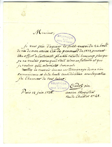 Correspondance d'Oudot père, ancien magistrat, avec Pierre-Jean David d'Angers