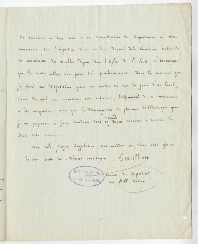 Correspondance de Ameilhon, commissaire du département aux bibliothèques nationales [à Lakanal]