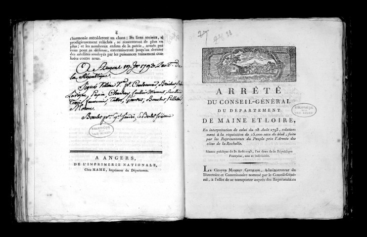 Arrêté du conseil général du département de Maine-et-Loire en permanence. Séance publique du 22 janvier 1793