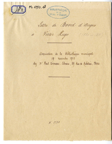 18 - Lettre de David d'Angers à Victor Hugo, 1830 ou 1831.
