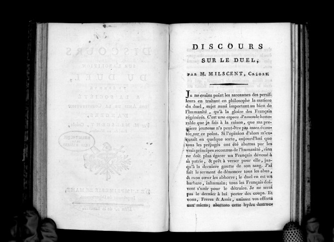 Discours sur l'abolition du duel, présenté à la Société des Amis de la Constitution, par M. Milscent