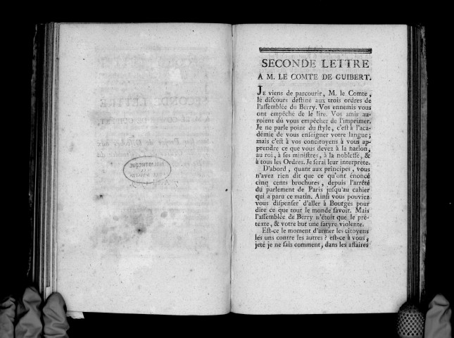 Seconde lettre à M. le comte de Guibert sur son projet de discours aux trois ordres de l'assemblée du Berry, 7 avril 1789