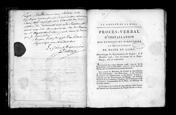 Procès-verbal d'installation des membres du directoire du département de Maine-et-Loire, le 11 octobre 1793