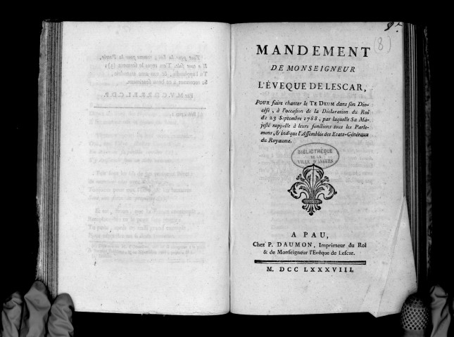 Mandement de Mgr l'évêque de Lescar pour faire chanter le Te Deum dans son diocèse à l'occasion de la déclaration du roi du 23 septembre 1788